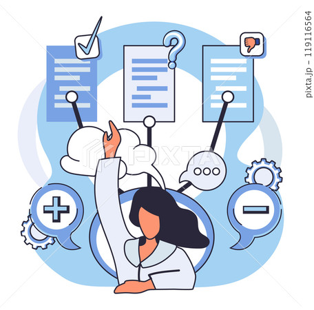 Critical thinking. Woman raises her finger while analyzing data connected to speech bubbles, check marks, question marks, and thumbs down icons. Ideal for decision-making, problem-solving, analysis 119116564