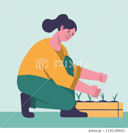 Woman farmer sows grain Woman farmer sows grain 119116602