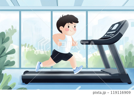 ランニングマシンで走る男性 119116909