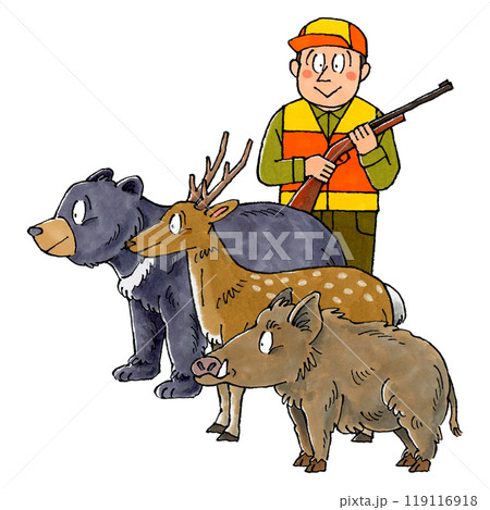 猟師とツキノワグマと鹿と猪 119116918