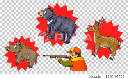 ライフル銃で狩猟されたツキノワグマと鹿とイノシシ 119116923