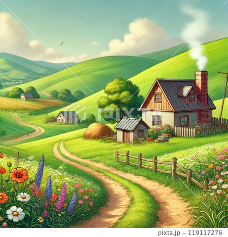 田舎の丘と家 田舎の丘と家 119117276