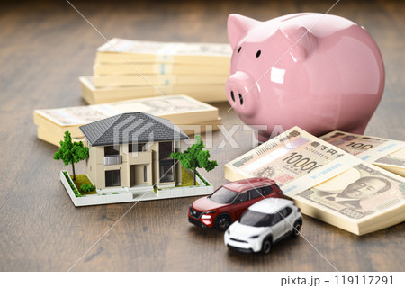 家と車のミニチュアとブタの貯金箱(新紙幣バージョン) 家と車のミニチュアとブタの貯金箱(新紙幣バージョン) 119117291