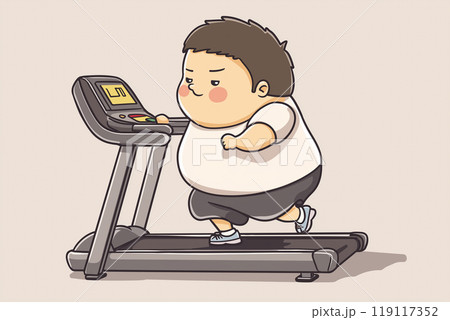 ランニングマシンで走る小太りの男性 119117352