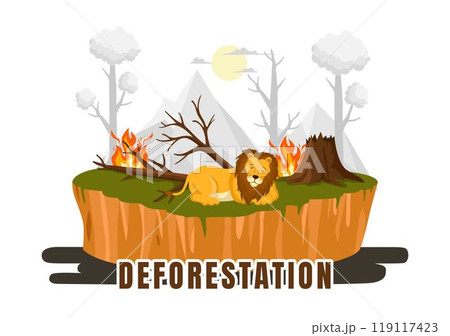 Deforestation Vector Illustration featuring a Felled Forest with Trees Burning, Creating Pollution and Leading to the Extinction of Animals Deforestation Vector Illustration featuring a Felled Forest with Trees Burning, Creating Pollution and Leading to the Extinction of Animals 119117423
