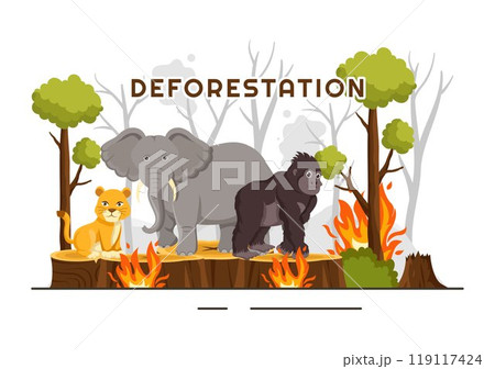 Deforestation Vector Illustration featuring a Felled Forest with Trees Burning, Creating Pollution and Leading to the Extinction of Animals Deforestation Vector Illustration featuring a Felled Forest with Trees Burning, Creating Pollution and Leading to the Extinction of Animals 119117424