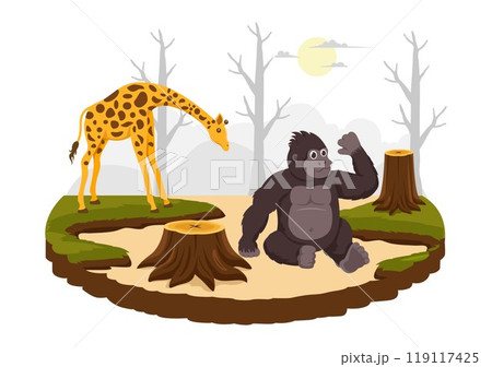 Deforestation Vector Illustration featuring a Felled Forest with Trees Burning, Creating Pollution and Leading to the Extinction of Animals Deforestation Vector Illustration featuring a Felled Forest with Trees Burning, Creating Pollution and Leading to the Extinction of Animals 119117425