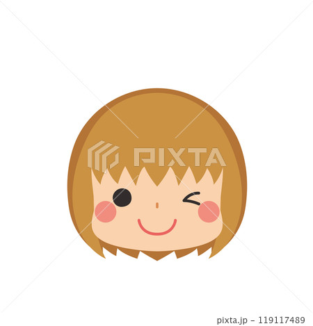 ウインクする可愛い小さな女の子の絵文字イラスト　アイコン　顔　表情　白背景　ベクター 119117489