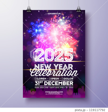 Happy New Year 2025 Party Celebration Poster Template Illustration with Typography Lettering on Glowing Firework Background. Vector New Year Eve Holiday Design. Premium Invitation Flyer or Promo Happy New Year 2025 Party Celebration Poster Template Illustration with Typography Lettering on Glowing Firework Background. Vector New Year Eve Holiday Design. Premium Invitation Flyer or Promo 119117792
