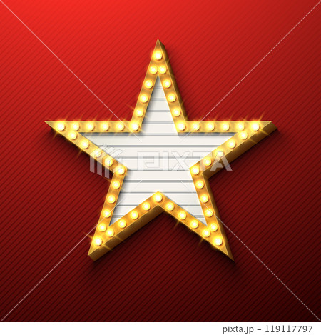 Vector Retro Star Signboard or Lightbox Illustration with Customizable Design on Red Background. Light Banner or Vintage Bright Light Bulb Frame Billboard for Advertising, Show, Night Events, Cinema Vector Retro Star Signboard or Lightbox Illustration with Customizable Design on Red Background. Light Banner or Vintage Bright Light Bulb Frame Billboard for Advertising, Show, Night Events, Cinema 119117797