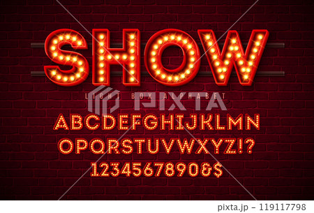 Light Bulb Alphabet with Red Frame Box and Shadow on Vintage Brick Wall Background. Glowing Retro Vector Font Collection with Shiny Bright Lights. ABC and Number Design for Casino, Night Club or 119117798