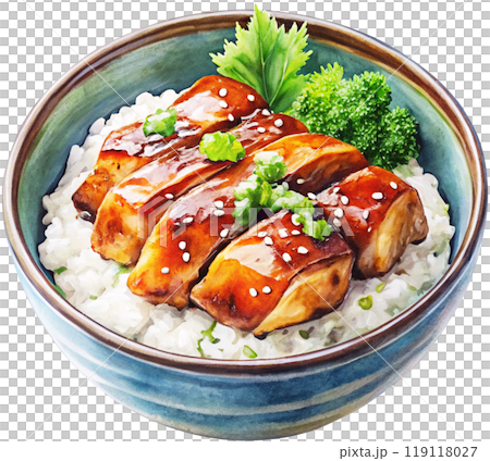 watercolor painting teriyaki chicken meal appetiz 119118027