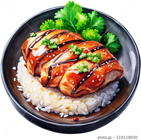 watercolor painting teriyaki chicken meal watercolor painting teriyaki chicken meal 119118030