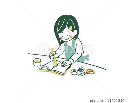 本の補修をしているエプロンを着用した女性-4色 本の補修をしているエプロンを着用した女性-4色 119118164