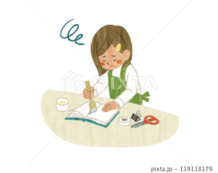 困った表情で本の補修をしているエプロンを着用した女性-ガッシュ 困った表情で本の補修をしているエプロンを着用した女性-ガッシュ 119118179