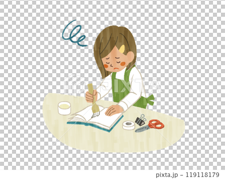 困った表情で本の補修をしているエプロンを着用した女性-ガッシュ 困った表情で本の補修をしているエプロンを着用した女性-ガッシュ 119118179