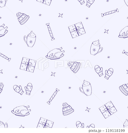 Christmas doodle icons background. Seamless pattern vector elements for design. Concept of Christmas, New Year and holiday. Christmas doodle icons background. Seamless pattern vector elements for design. Concept of Christmas, New Year and holiday. 119118199