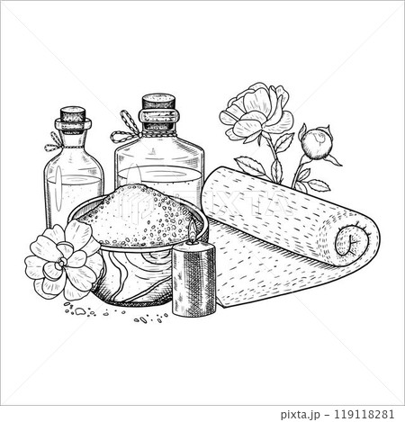 Spa composition with towel, candle, mortar with salt, bottles, rose. Hand drawn vector illustration 119118281