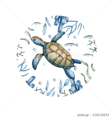 Hand drawn sea turtle in blue and brown tones, watercolor 119118352