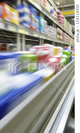 Motion blurred view of colorful product packaging on supermarket shelves, conveying the fast paced nature of modern retail and consumer choices 119118450