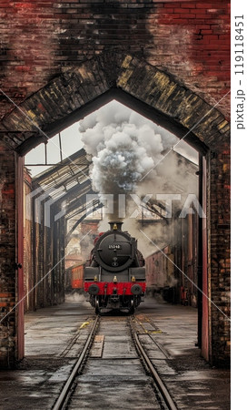 Vintage steam locomotive billowing smoke as it emerges from a brick archway, capturing the nostalgic essence of historic rail travel 119118451