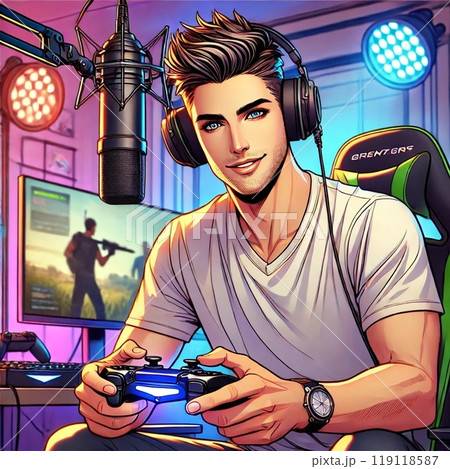 ゲーム配信をするイケメン男性配信者「AI生成画像」 ゲーム配信をするイケメン男性配信者「AI生成画像」 119118587