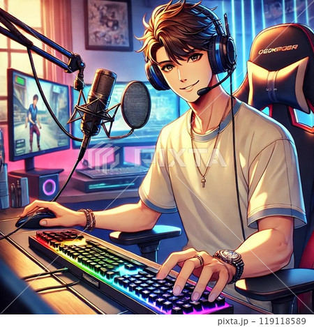 ゲーム配信をする男性配信者「AI生成画像」 ゲーム配信をする男性配信者「AI生成画像」 119118589