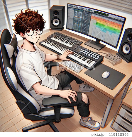 男性の音楽プロデューサーの作業風景「AI生成画像」 男性の音楽プロデューサーの作業風景「AI生成画像」 119118593