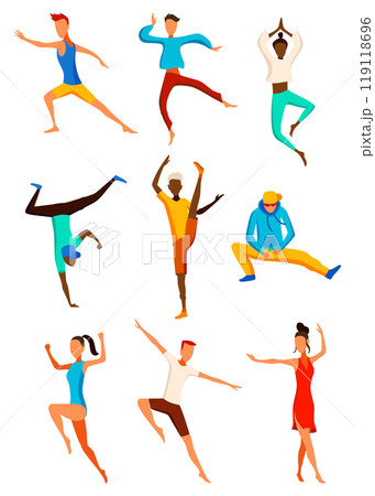 Contemporary and classical dancing set. Dancer character design. Flat vector illustration. Modern dance styles. Hip-hop, break, ballet Contemporary and classical dancing set. Dancer character design. Flat vector illustration. Modern dance styles. Hip-hop, break, ballet 119118696
