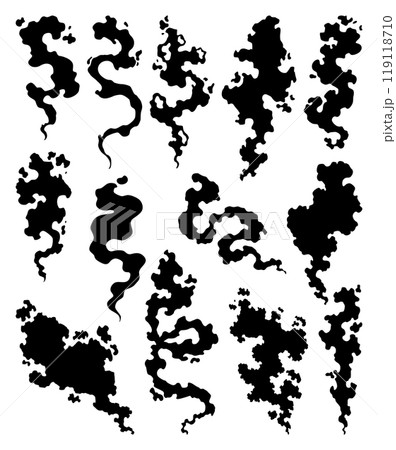 Smoke cloud icons in different forms. Vector special effects of puff and steam clouds, fire blast, smog and fume, dust or vapor template set. Cartoon design white elements of comic book 119118710