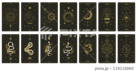 Tarot cards featuring intricate celestial and mystical designs arranged neatly. The cards highlight symbols like the moon, sun, and snakes, perfect for divination 119118860