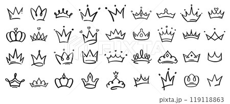 Crown. Hand drawn doodle crowns, including majestic king and queen crowns, each embodying royal elegance and artistic flair 119118863