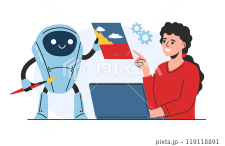 Robotic assistant is collaborating with a person at a desk. The robot holds a painted document while the individual conveys ideas, creating a productive atmosphere Robotic assistant is collaborating with a person at a desk. The robot holds a painted document while the individual conveys ideas, creating a productive atmosphere 119118891