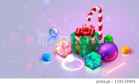 Gifts for New Year and Christmas cards. A green box with a red bow surrounded by Christmas abstract elements. Christmas gifts, balls, sequins and lanterns. An digital virtual gift via the Internet. Gifts for New Year and Christmas cards. A green box with a red bow surrounded by Christmas abstract elements. Christmas gifts, balls, sequins and lanterns. An digital virtual gift via the Internet. 119118905