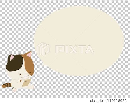 一隻操作智慧型手機的三色貓。與演講泡泡 一隻操作智慧型手機的三色貓。與演講泡泡 119118923