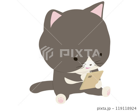 スマホを操作する笑顔のハチワレ猫 119118924