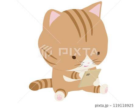 スマホを操作する笑顔の茶トラ猫 スマホを操作する笑顔の茶トラ猫 119118925