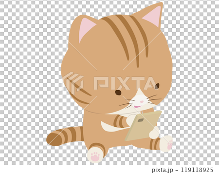 スマホを操作する笑顔の茶トラ猫 スマホを操作する笑顔の茶トラ猫 119118925