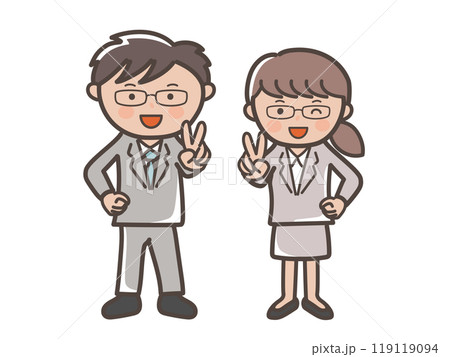 笑顔でピースをする若い男女ビジネスマンのイラスト_メガネ男子とメガネ女子 笑顔でピースをする若い男女ビジネスマンのイラスト_メガネ男子とメガネ女子 119119094