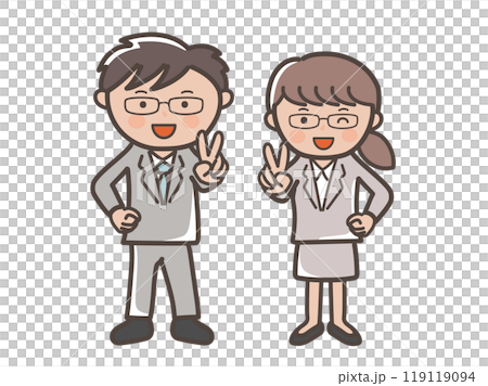 笑顔でピースをする若い男女ビジネスマンのイラスト_メガネ男子とメガネ女子 笑顔でピースをする若い男女ビジネスマンのイラスト_メガネ男子とメガネ女子 119119094