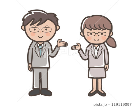 説明(案内、紹介)をする若い男女ビジネスマンのイラスト_メガネ男子とメガネ女子 説明(案内、紹介)をする若い男女ビジネスマンのイラスト_メガネ男子とメガネ女子 119119097
