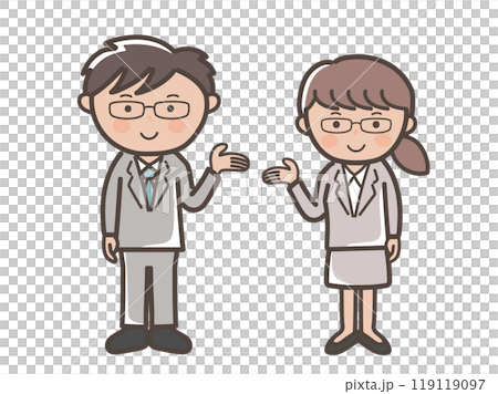 年輕男女商人解釋（指導、介紹）_戴眼鏡的男孩和戴眼鏡的女孩的插圖 119119097