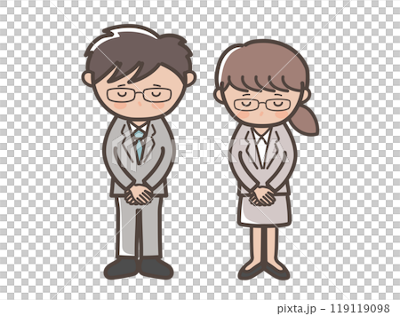 年輕男女商人低頭道歉的插畫_戴眼鏡的男孩和戴眼鏡的女孩 119119098