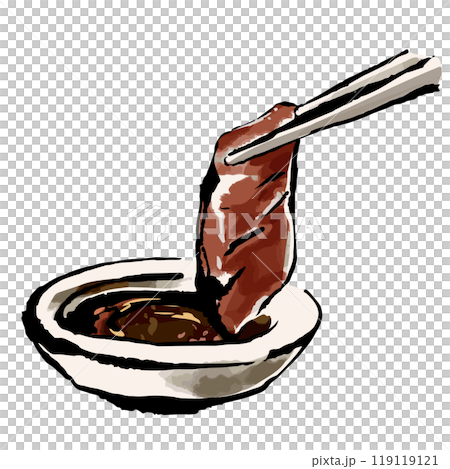 タレにつけた焼肉 手描きイラスト タレにつけた焼肉 手描きイラスト 119119121