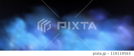 Black background with gray blue clouds creating the effect of smoke or fog. The atmosphere of spring magic at dawn or summer night ,fog over land or water surface. 119119563