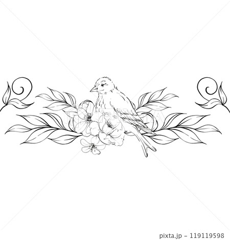 Victorian beard and roses, border. flowers botanical arrangement. Romantic anemone and peony. For greeting cards, wedding, fabric, printing. Graphic vector line, hand drawn, black silhouette 119119598