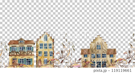 Old European city town street houses facades, dry vines berries. Historical cityscape building. Watercolor hand drawn seamless banner. Tourist shops, souvenirs, travel brochures, architectural bureau 119119661