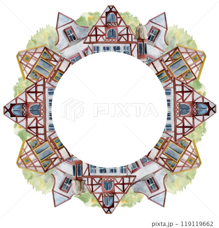 Old European city town street houses, urban exterior facades. Historical cityscape building. Watercolor hand drawn wreath frame. For tourist shops, souvenirs, travel brochures, architectural bureau 119119662