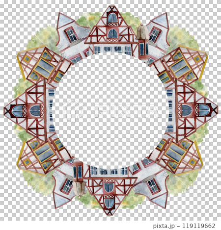 Old European city town street houses, urban exterior facades. Historical cityscape building. Watercolor hand drawn wreath frame. For tourist shops, souvenirs, travel brochures, architectural bureau 119119662