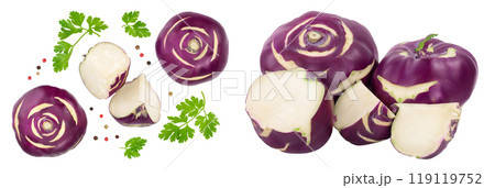 Cabbage kohlrabi isolated on white background closeup. Top view. Flat lay, 119119752